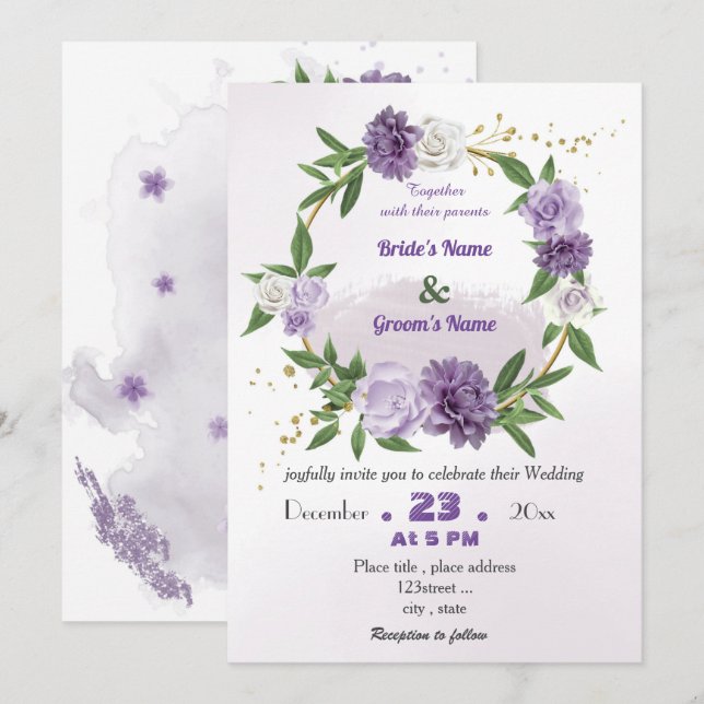 romantische violette Blumen botanische Kranzhochze Einladung (Vorne/Hinten)