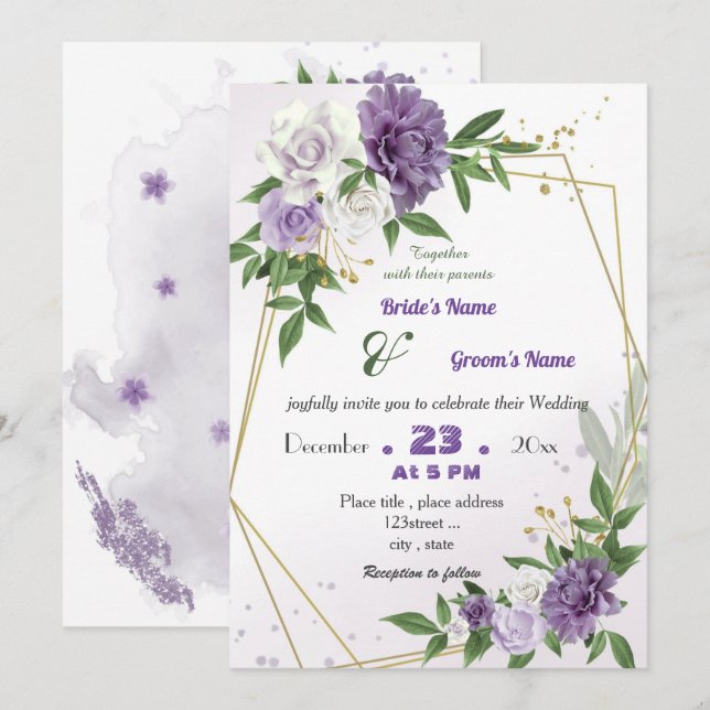 romantische violette Blumen geometrische Hochzeit Einladung (Vorne/Hinten)