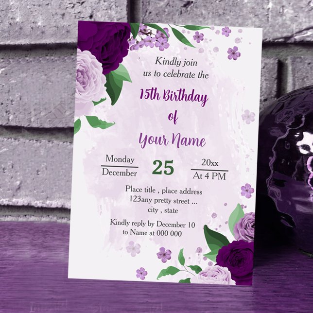 Romantische violette Blumen Grün Geburtstag Einladung (Von Creator hochgeladen)