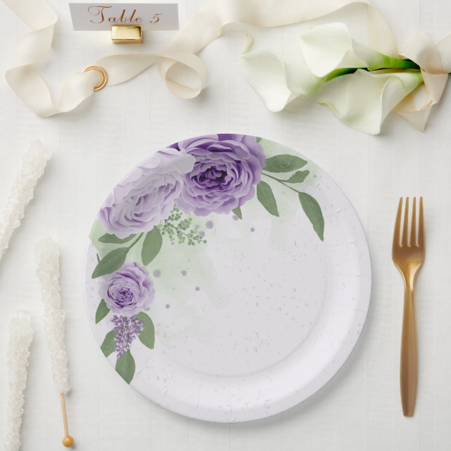 Romantische violette Blumen grüne Blätter botanisc Pappteller (Hochzeit)