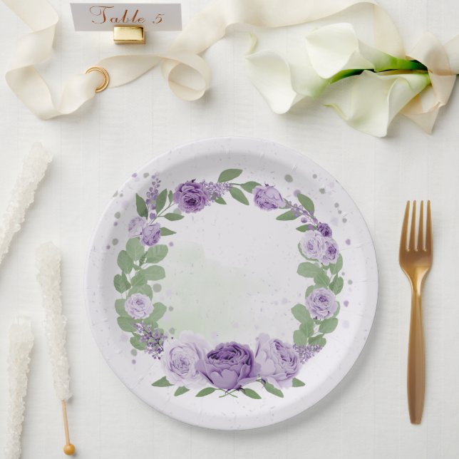 Romantische violette Blumen grüne Blätter botanisc Pappteller (Hochzeit)