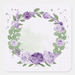 Romantische violette Blumen grüne Blätter botanisc Quadratischer Aufkleber