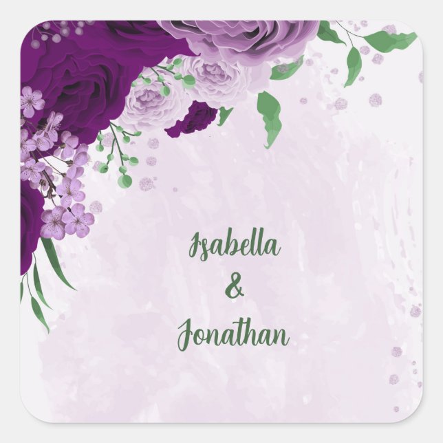 Romantische violette Blumen Grüne Hochzeit Quadratischer Aufkleber (Vorderseite)
