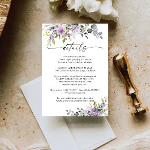 Romantische violette Blumen Hochzeits-Detailkarte RSVP Karte