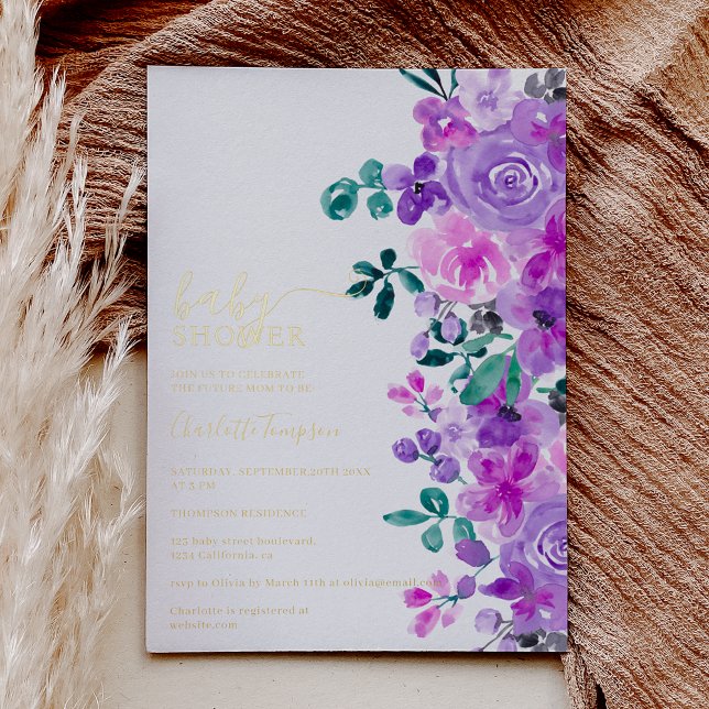 Romantische violette Blumen Lavendel Babydusche Folieneinladung (Romantic real gold foil purple flowers lavender baby shower invitation)