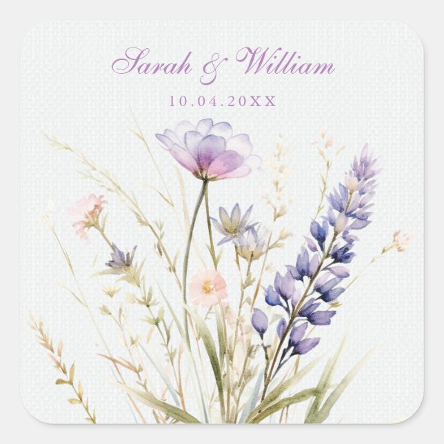 Romantische violette Blumenhochzeit Quadratischer Aufkleber (Vorderseite)
