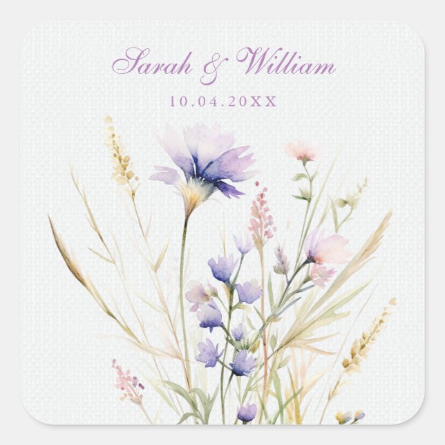 Romantische violette Blumenhochzeit Quadratischer Aufkleber (Vorderseite)