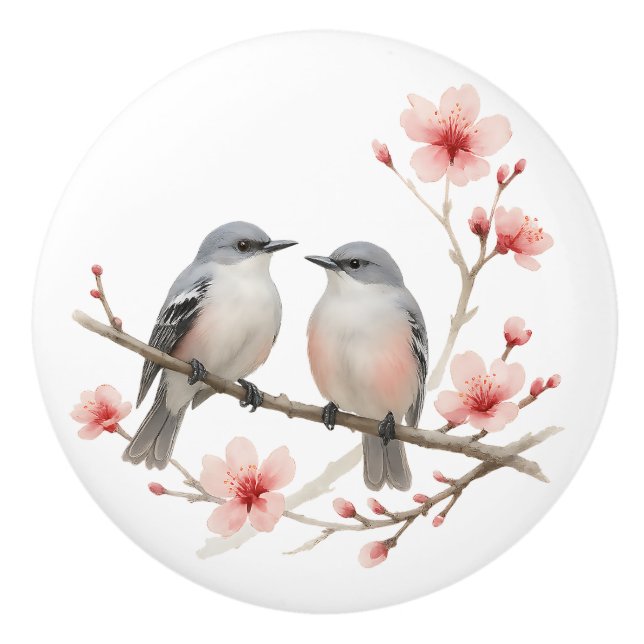 Romantische Vögel auf Cherry Blossom Zweig Wasserf Keramikknauf (Vorderseite)