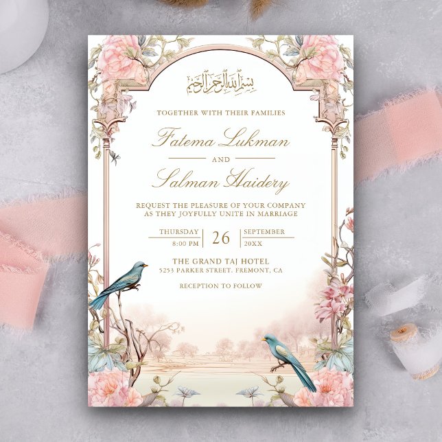 Romantische Vögel Blush Pink Bloral muslimische Ho Einladung (Von Creator hochgeladen)