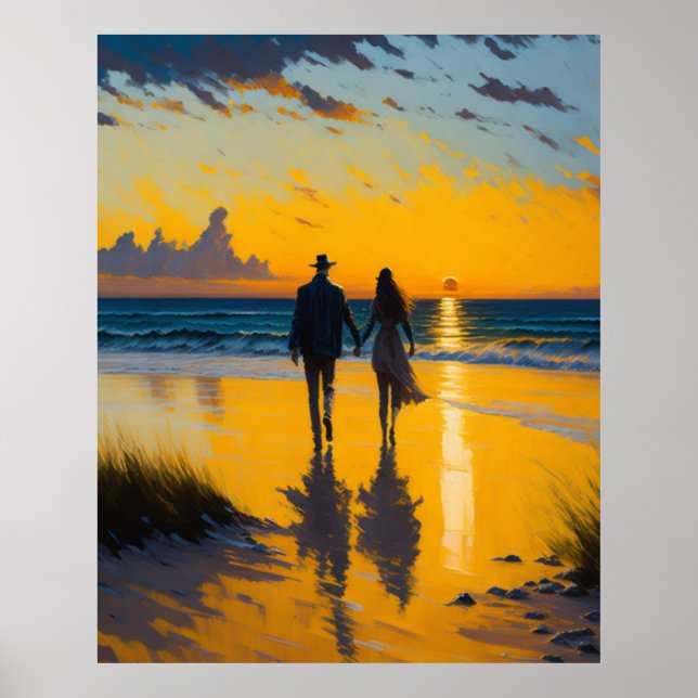 Romantische Wanderung, Paar auf der Strandlandscha Poster (Vorne)