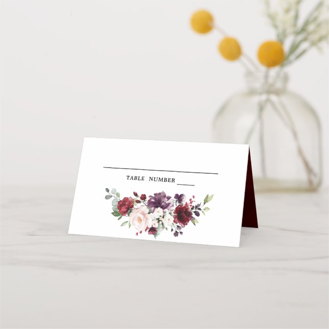 Romantische Wasserfarbe Burgund Rote Blüte Rose Bl Platzkarte (Vorderseite)