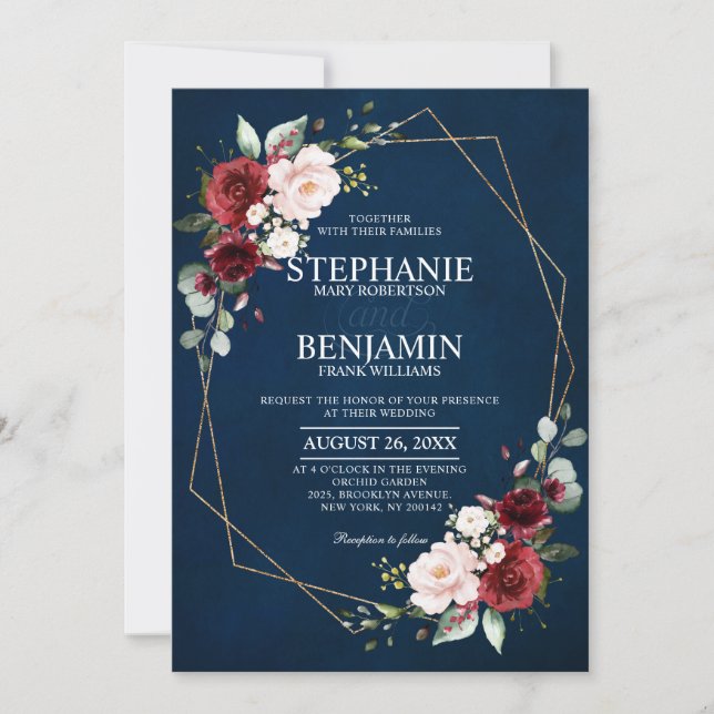 Romantische Wasserfarbe Burgundy Navy Floral Geome Einladung (Vorderseite)