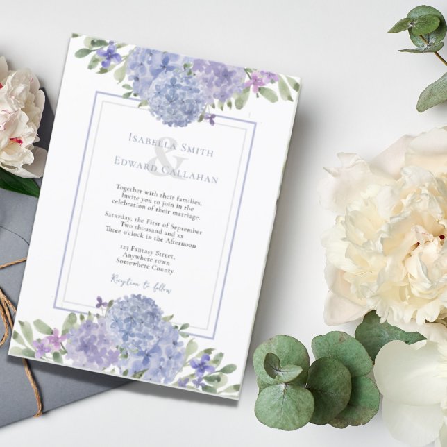 Romantische Wasserfarbe Dusty Blue Hydrangeas Hoch Einladung (Von Creator hochgeladen)