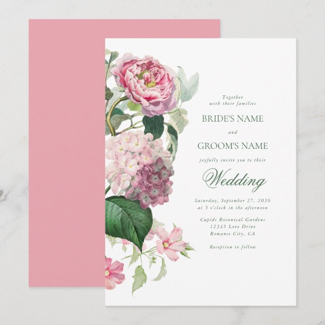 Romantische Wasserfarbe Rosa Blume Hochzeit Garten Einladung (Vorne/Hinten)