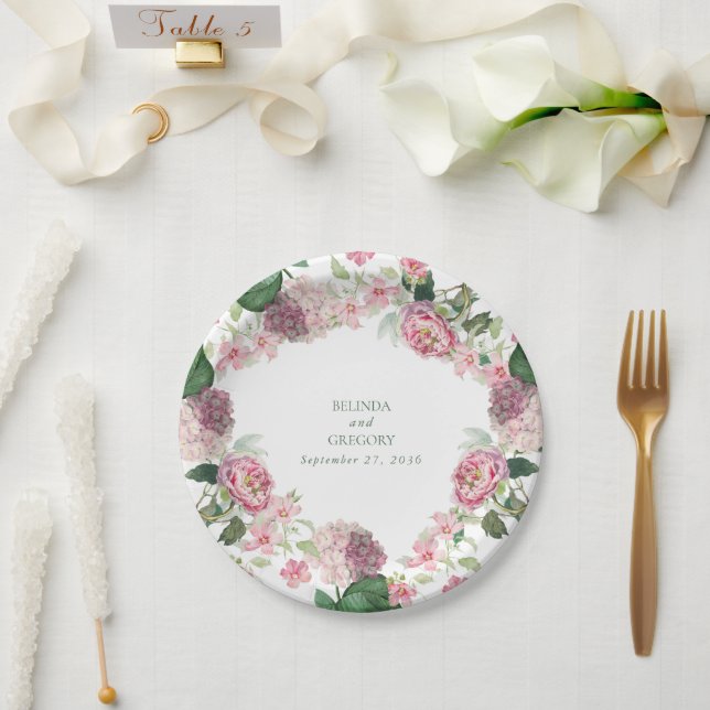 Romantische Wasserfarbe Rosa Blume Hochzeit Garten Pappteller (Hochzeit)
