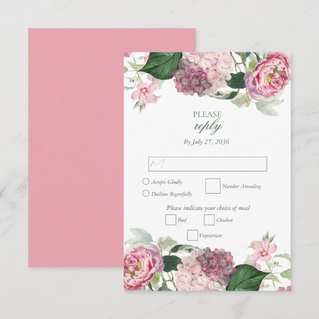 Romantische Wasserfarbe Rosa Blume Hochzeit Garten RSVP Karte (Vorne/Hinten)