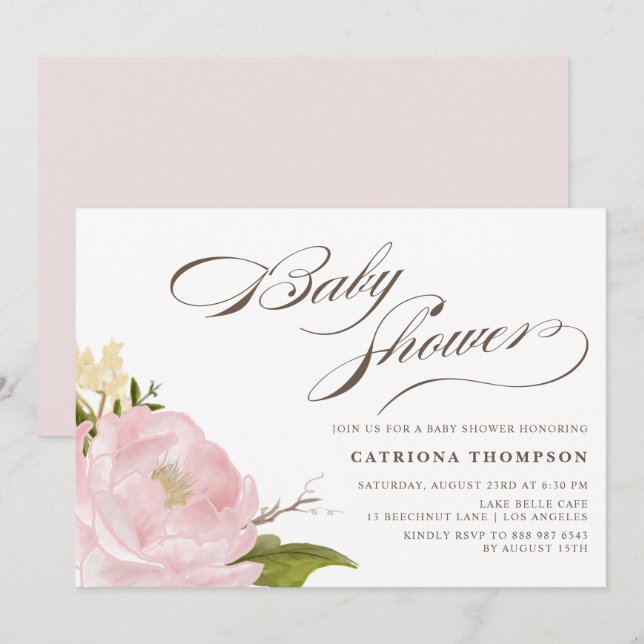 Romantische Wasserfarbe Rosa Peony Babydusche Einladung (Vorne/Hinten)