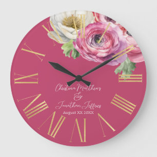 Romantische Wasserfarbe Rosa Ranunculus auf Rosa Große Wanduhr
