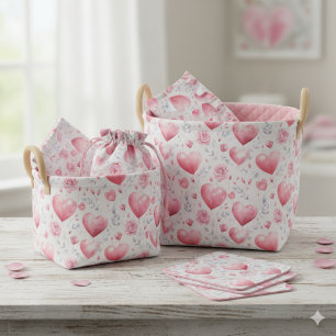 Romantische Wasserfarben-Herzballons und rosa Rose Stoff