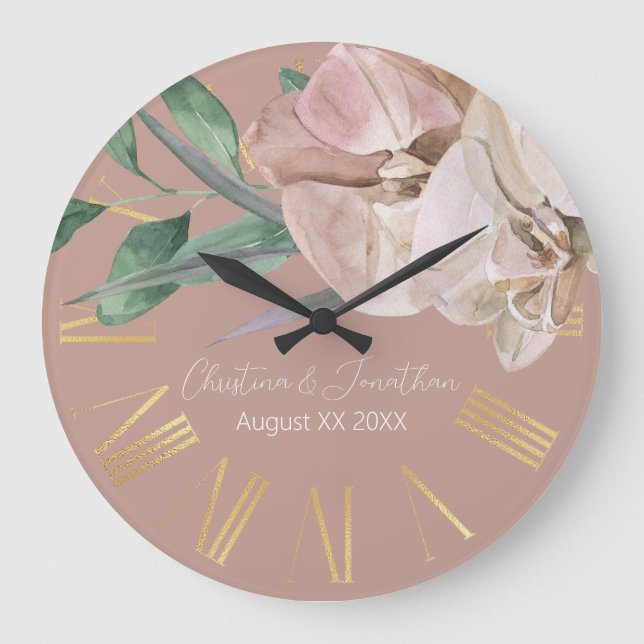 Romantische Wasserfarben Orchideen am Dusty Blush Große Wanduhr (Vorderseite)