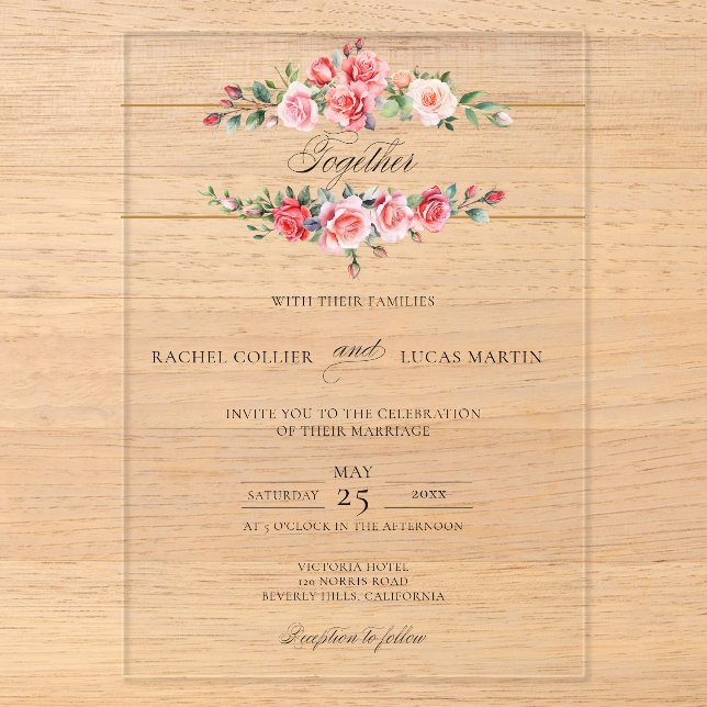 Romantische Wasserfarben Rosen und Kalligraphie Acryleinladungen (Vorderseite)
