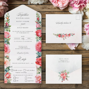 Romantische Wasserfarben Rosen und Kalligraphie All In One Einladung