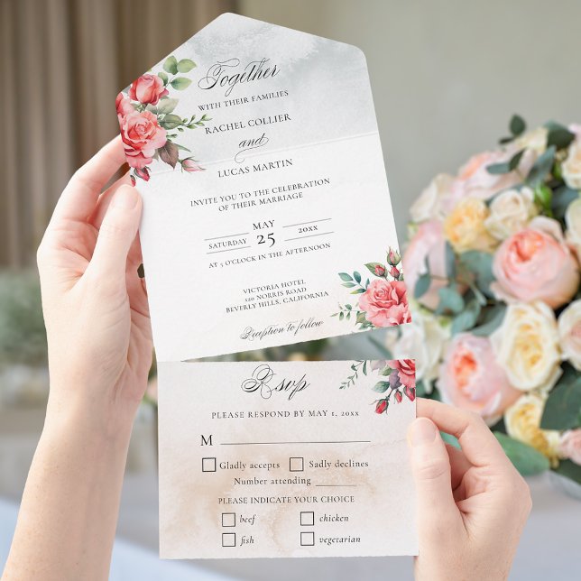 Romantische Wasserfarben Rosen und Kalligraphie All In One Einladung (Von Creator hochgeladen)