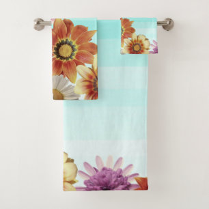 Romantische Wasserfarbenstreifen,Blumen Badhandtuch Set