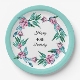 Romantische Weibchenblüte 40. Geburtstag Pappteller