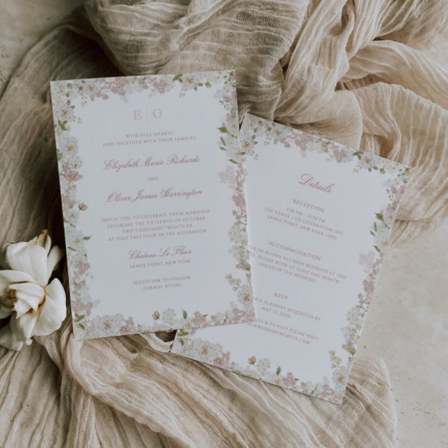 Romantische weiche Blütenweiße All-in-One-Hochzeit Einladung (Von Creator hochgeladen)