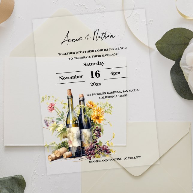 Romantische Weinkellerei Hochzeit (Elegant Romantic Script Winery Wedding Vellum Invitations)