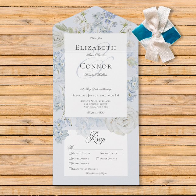 Romantische Weiß Blau & Weiß Garten Blumendinner All In One Einladung (Romantic Soft Blue & White Garden Floral Dinner All In One Invitation)