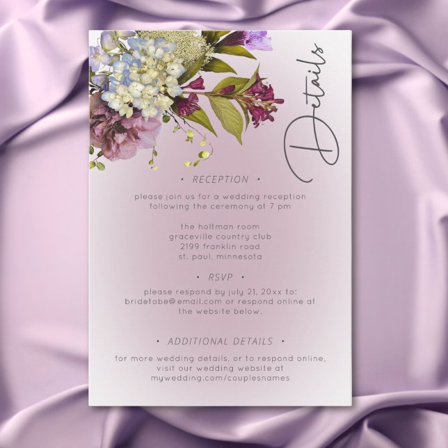 Romantische Weiß und Lila Blumen Moderne Details Begleitkarte (Romantic White & Purple Floral Modern Details Enclosure Card)