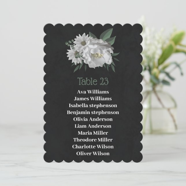 Romantische weiße Blume Schwarze Sitzkarte Einladung (Stehend Vorderseite)