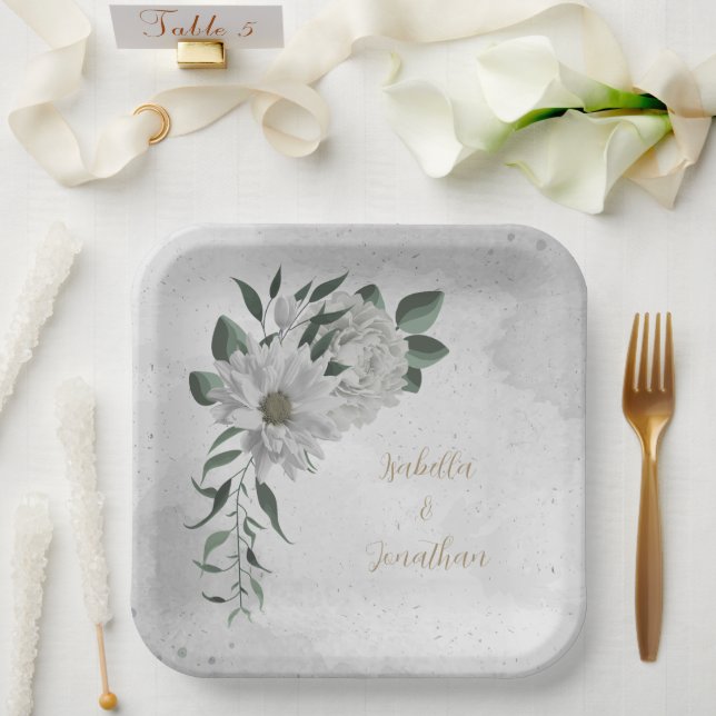 Romantische weiße Blume und grüne Blätter Pappteller (Hochzeit)