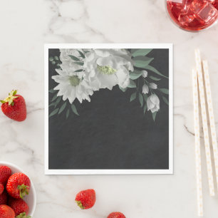 romantische weiße Blumen & grüne Blätter schwarz Serviette