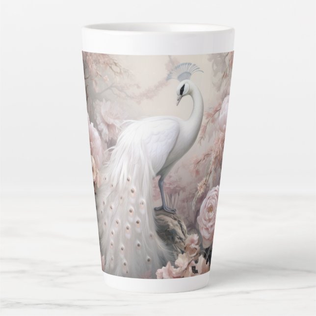 Romantische Weiße Pfaue und Rosa Blume Milchtasse (Vorderseite)