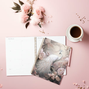 Romantische Weiße Pfaue und Rosa Blume Planer