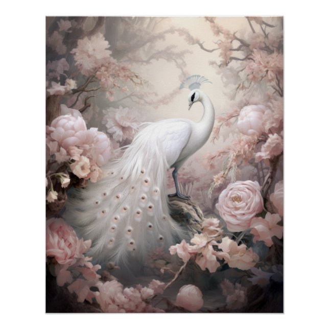 Romantische Weiße Pfaue und Rosa Blume Poster (Vorderseite)