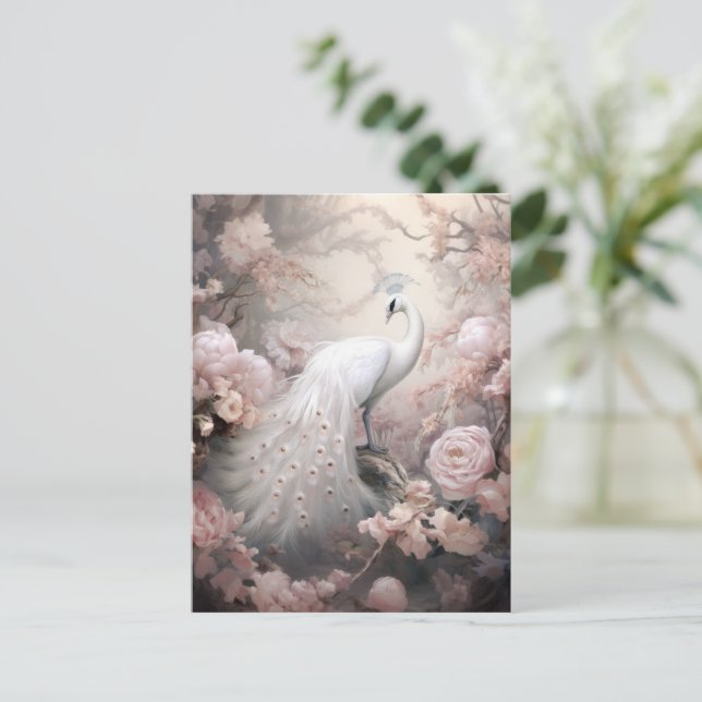 Romantische Weiße Pfaue und Rosa Blume Postkarte (Stehend Vorderseite)