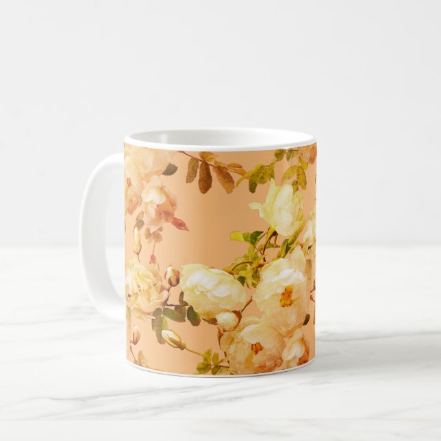 Romantische weiße Rosen auf orangefarbenem Hinterg Kaffeetasse (Vorderseite Links)