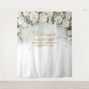 Romantische weiße Rosen Eukalyptus Brautparty Wandteppich