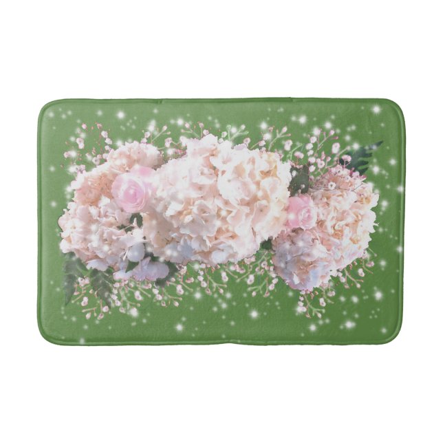 Romantische weiße Spitzen-Hydrangeas, rosa Rosen Badematte (Vorderseite)