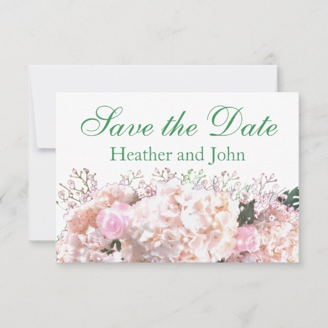 Romantische weiße Spitzenhortensien rosa Rosen Save The Date (Vorderseite)