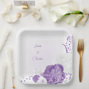 romantische, weiße und lila Hochzeit Pappteller