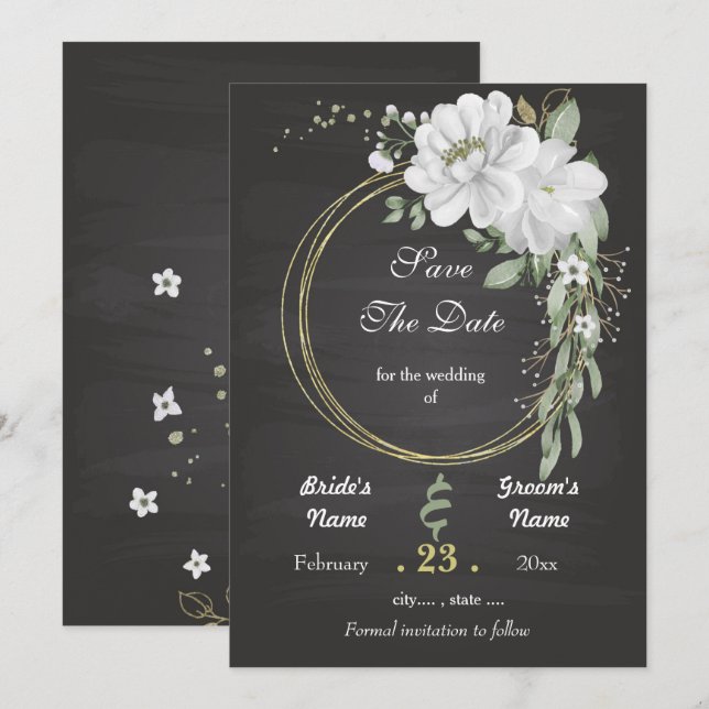 Romantische weiße Vegetation Blumenkraut schwarz Save The Date (Vorne/Hinten)