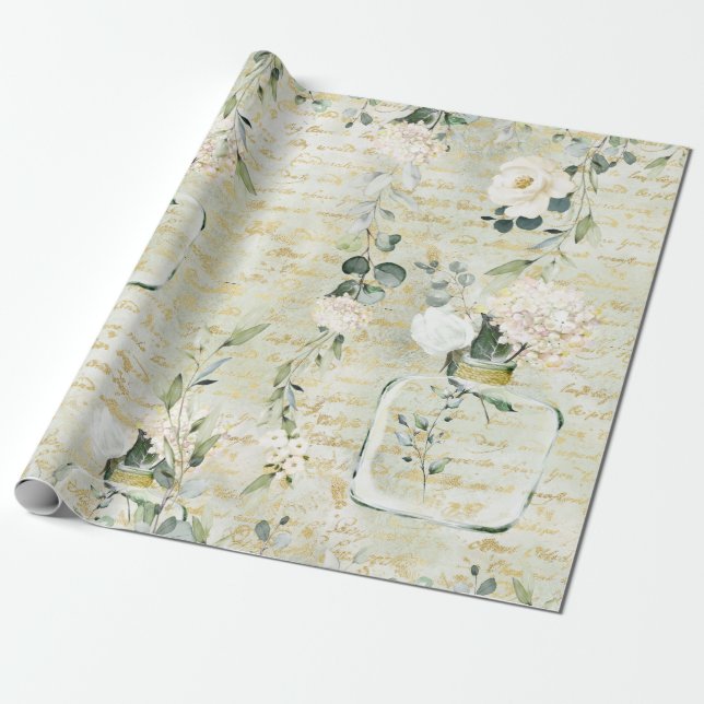 Romantische Weiße Vegetation & Gold Botanische Flo Geschenkpapier (Ungerollt)
