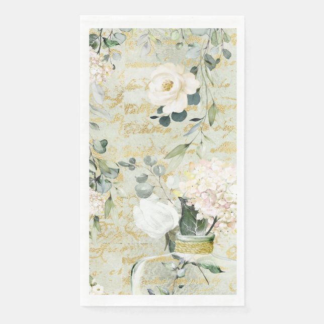 Romantische weiße Vegetation & Gold Botanische Flo Serviette (Vorderseite)