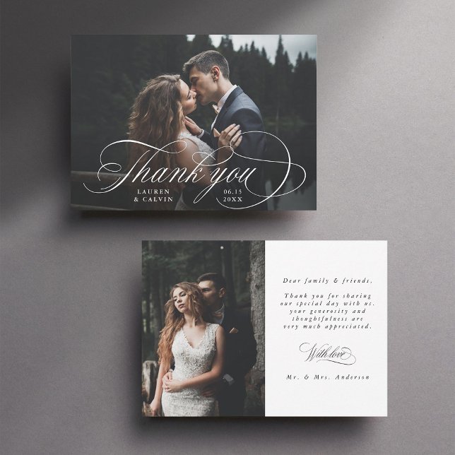 Romantische Weißkalligraphie 2 Foto Hochzeit Dankeskarte (Front & Back)