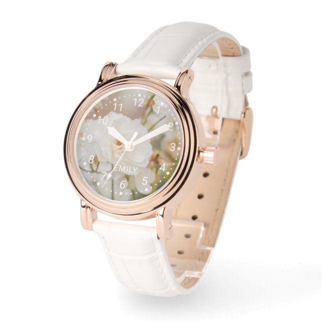 Romantische Weißrosen Blume Foto und Individuelle  Armbanduhr (Winkel)